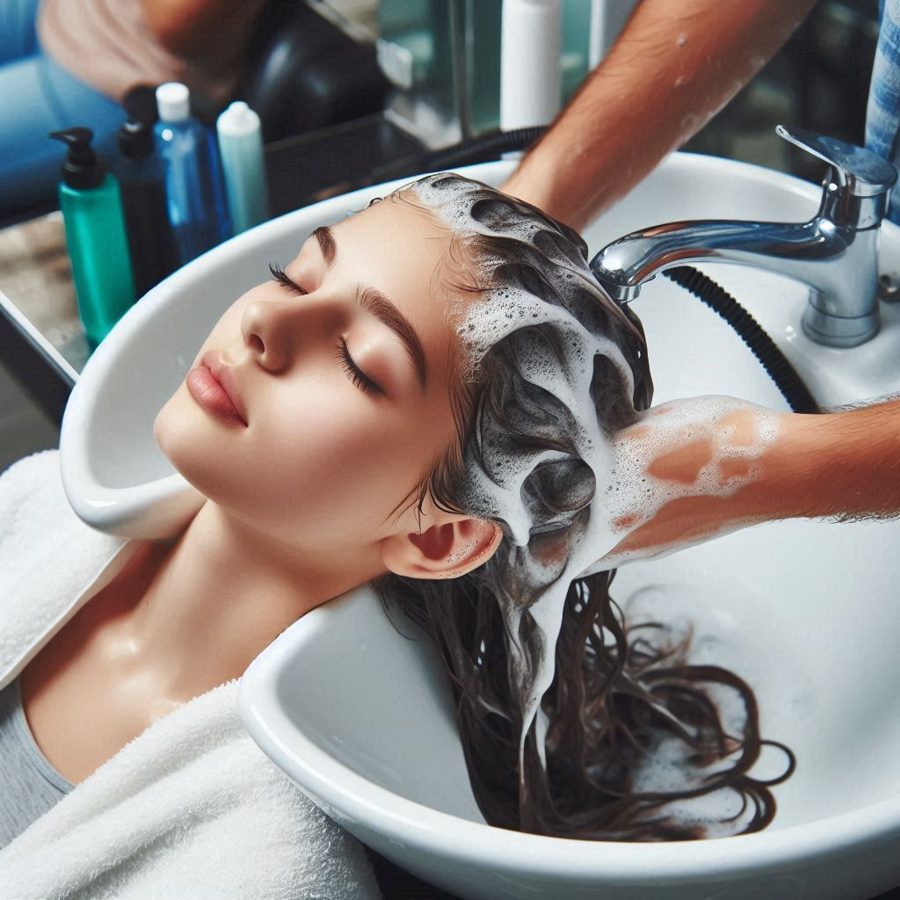 A client having her hair washed in a scalp cleansing therapy (illustrative image)